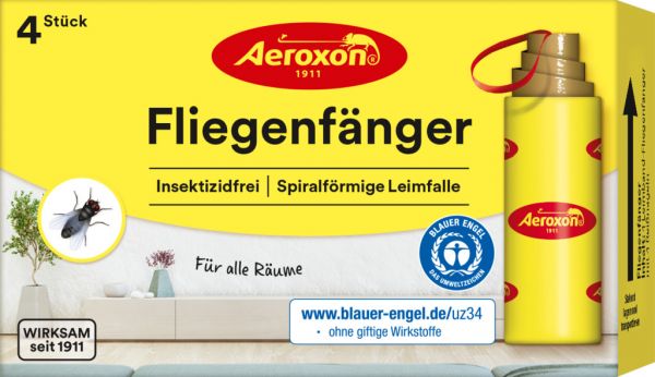 Aeroxon Fliegenfänger Spiralform, klassische Fliegenfalle, Leimfalle - 4 Stück